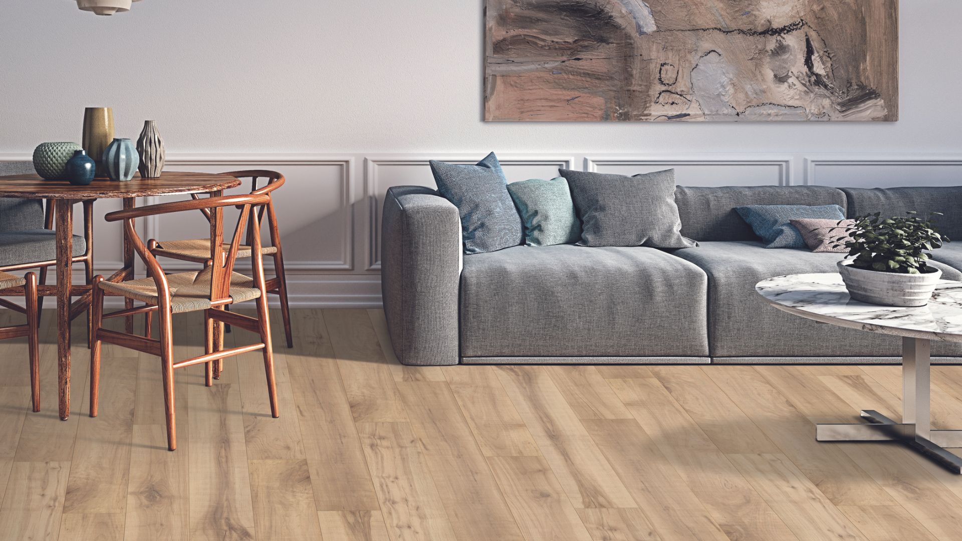 light luxury vinyl plank flooring in a living and dining room